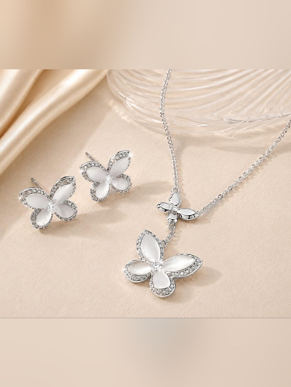 Silver Butterfly Necklace and Earring Set - Silver - Picture 5 of 6